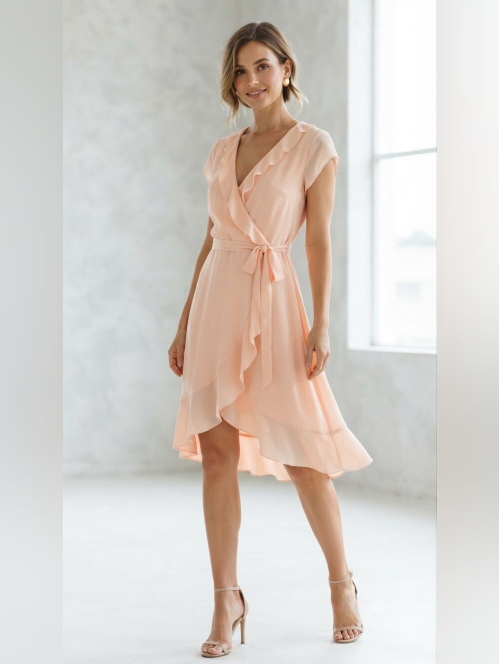 Sunday Best Peach Chiffon Ruffle Wrap Dress Sz 4